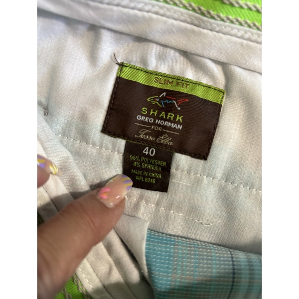 Shark Greg Norman Teal/White Plaid‎ Chino Shorts Size 40 Zip Pockets Mid Rise - Picture 4 of 6